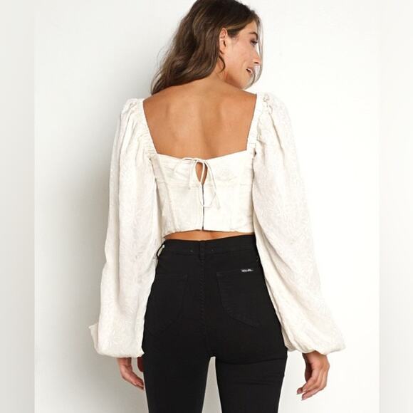 (XS) NWT $135 For Love And Lemons Janet Puffy Long Sleeve Ivory Corset Top - Picture 2 of 10